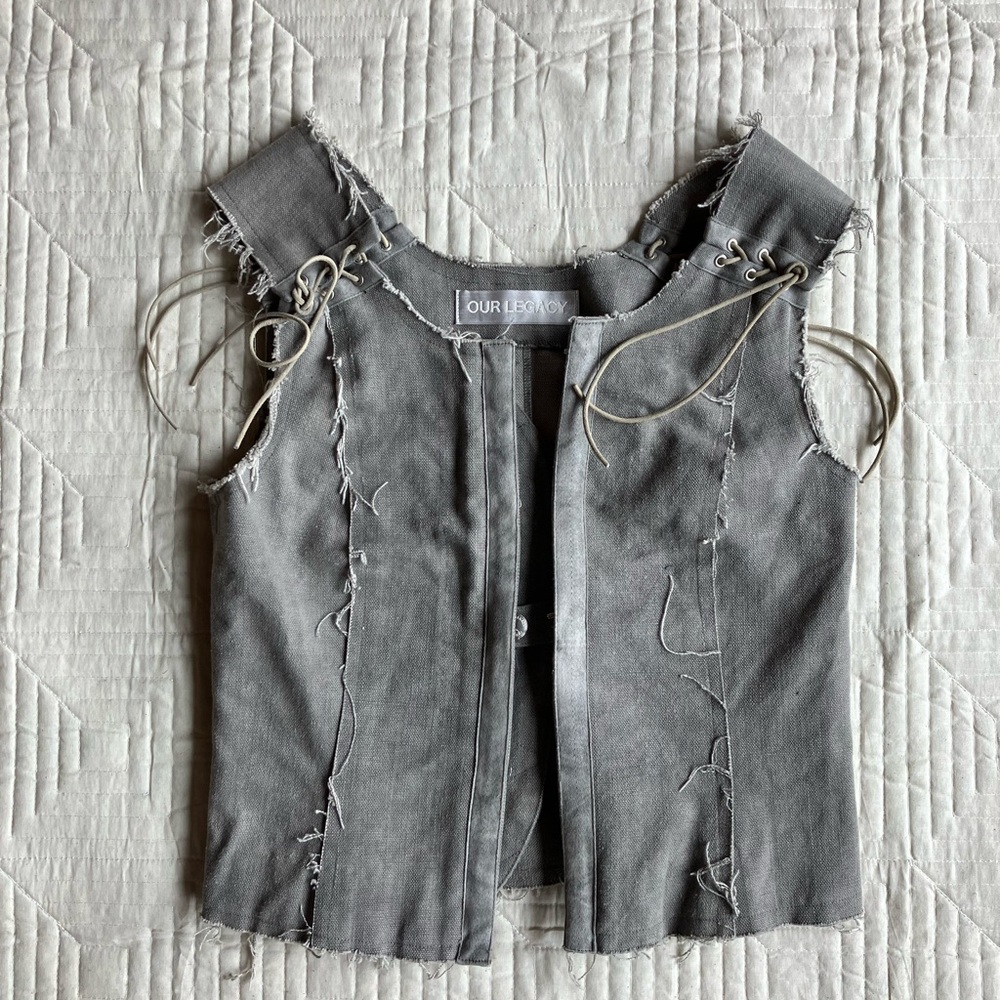 Our Legacy grey denim distressed vest with leather ties